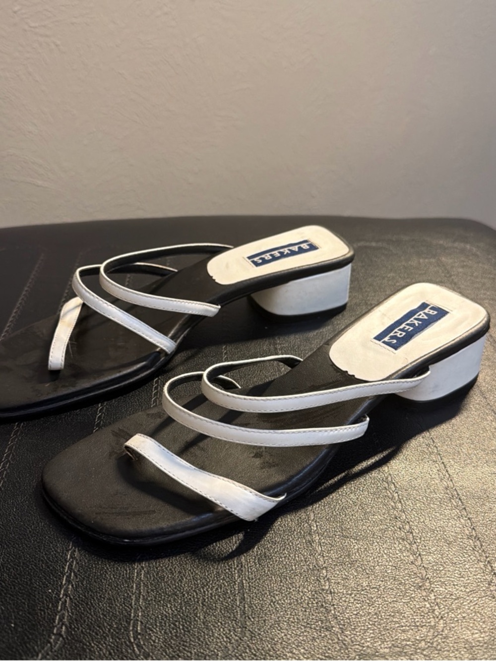 Bakers Black and White Strappy Block Heel Mules